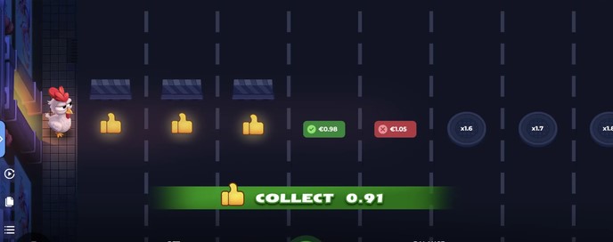 Interfaz de Uncrossable Rush con el botón verde COLLECT 0.91 y los multiplicadores x1.6 y x1.7 en los carriles siguientes