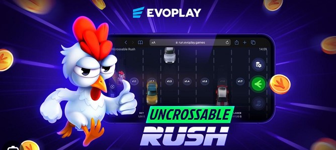 Promo de Evoplay mostrando Uncrossable Rush corriendo en un celular con los multiplicadores x1.1 a x1.7 visibles en pantalla
