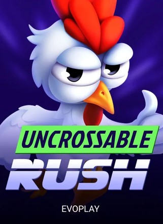 Póster vertical de Uncrossable Rush con la cara de la gallina mascota y el logo de Evoplay al pie