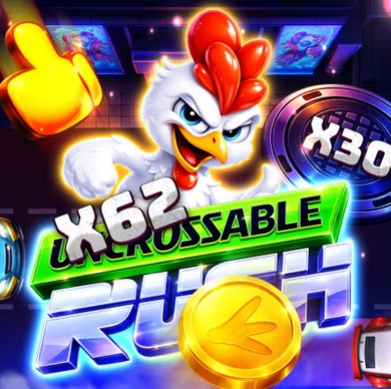 Arte promocional de Uncrossable Rush con multiplicadores x62 y x30, monedas doradas y la gallina en primer plano