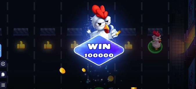 Pantalla de victoria de Uncrossable Rush con el cartel WIN 100000 y la gallina celebrando entre monedas
