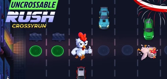 Partida de Uncrossable Rush CrossyRun: la gallina cruza entre un auto azul y uno verde mientras otra gallina queda atropellada