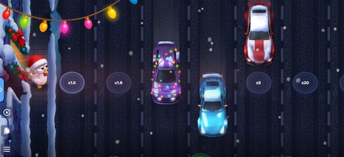 Modo navideño de Uncrossable Rush con multiplicadores x1.6, x1.8, x5 y x20 visibles sobre la ruta nevada