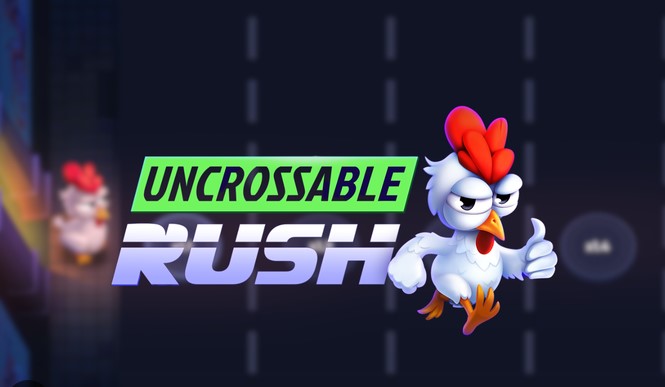 Logo de Uncrossable Rush con la gallina mascota levantando el pulgar sobre el asfalto de la autopista